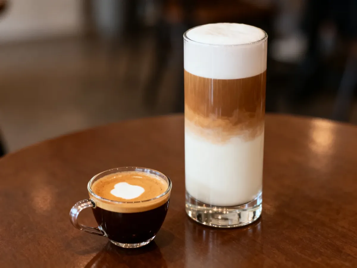 Espresso macchiato w małej filiżance obok warstwowego latte macchiato w wysokiej szklance