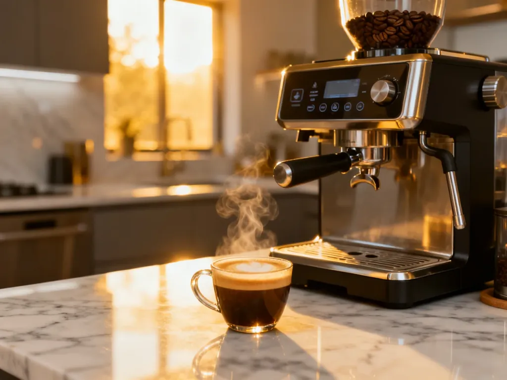 Automatyczny ekspres do kawy na marmurowym blacie z filiżanką świeżego espresso w porannym świetle.