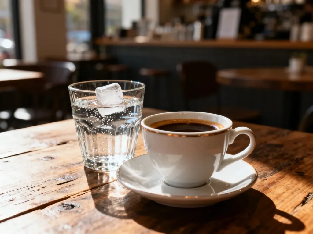 Filiżanka espresso i szklanka wody z lodem na drewnianym stole w kawiarni.