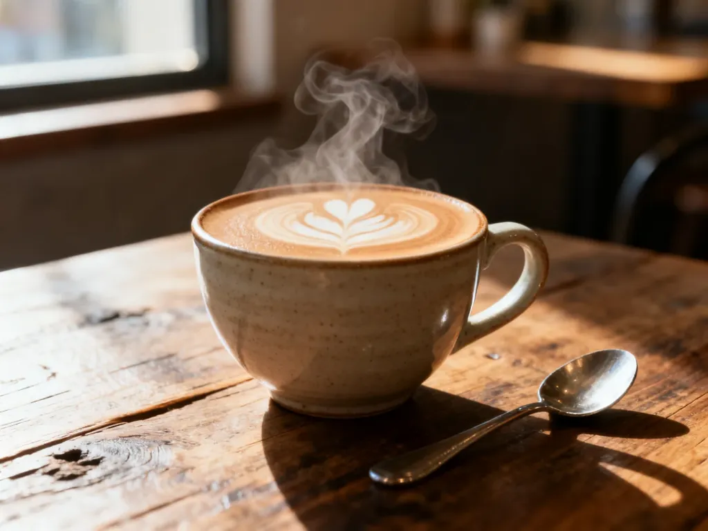 Parująca filiżanka cafe au lait z delikatnym wzorem na powierzchni, stojąca na drewnianym stole w przytulnej kawiarni.