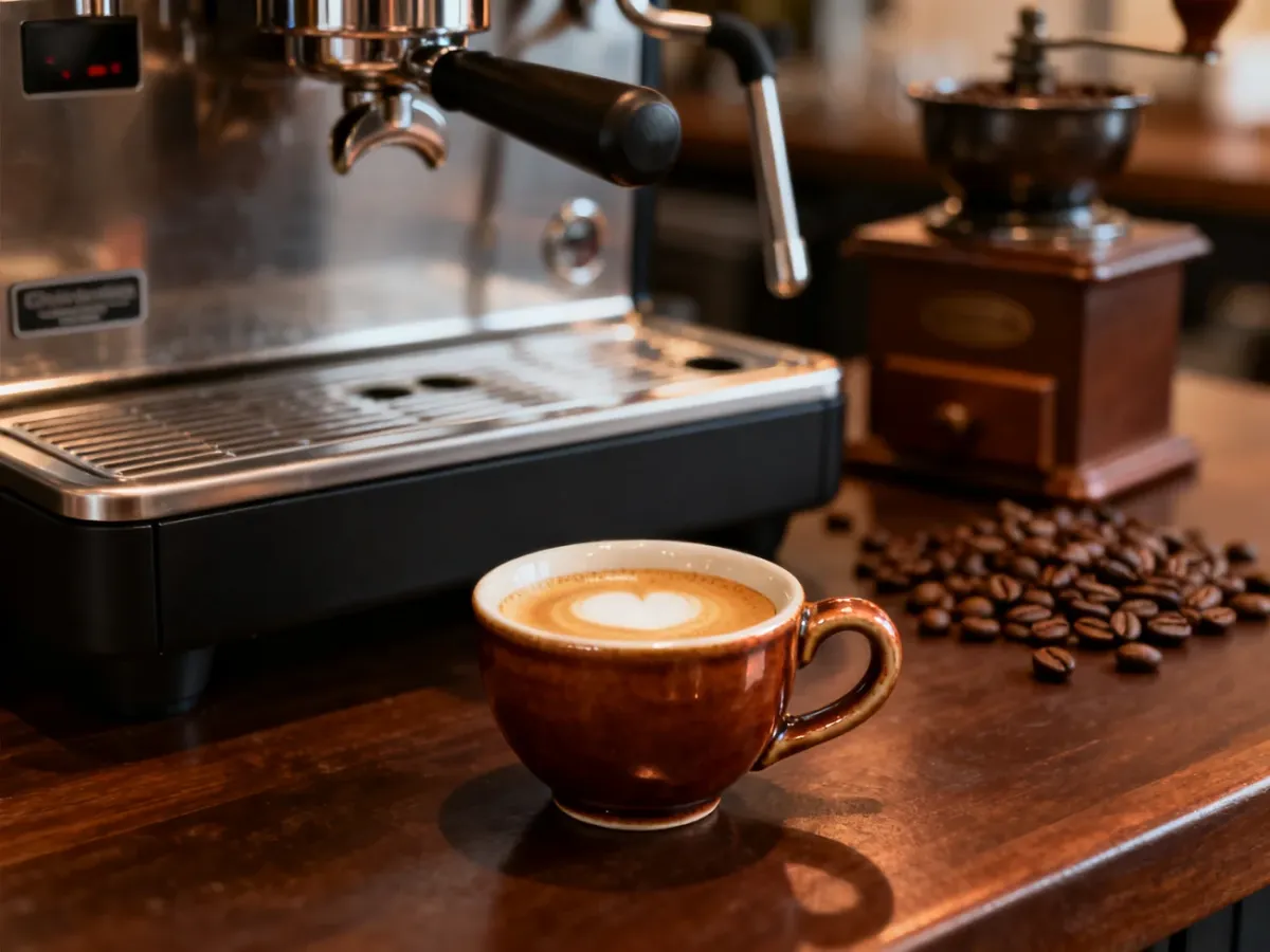 Espresso with crema beside a coffee machine and grinder