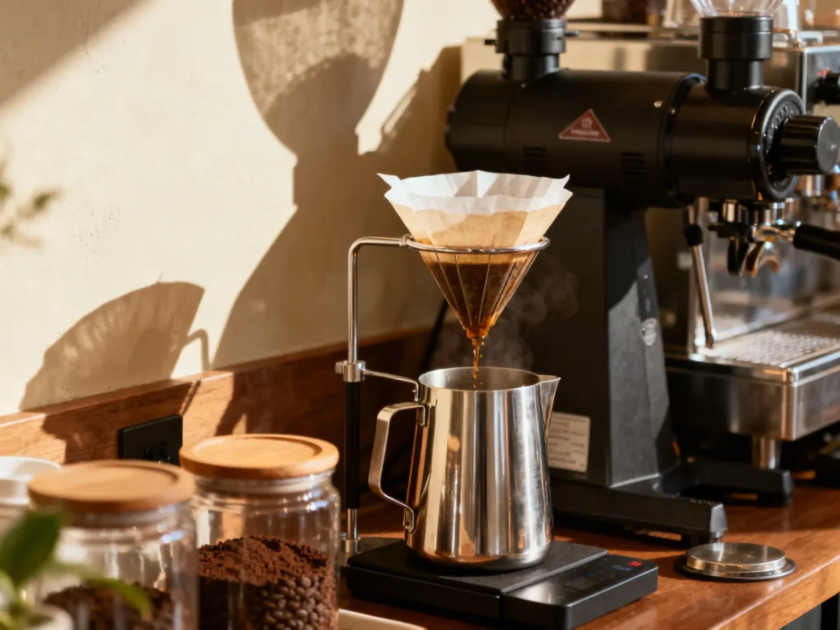 Automatyczny ekspres batch brew przelewający kawę do termosu w kawiarni specialty