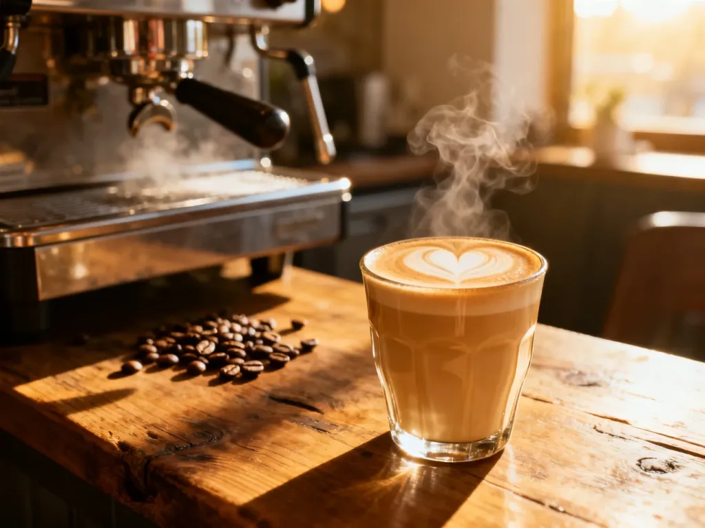 Szklanka kremowego latte z serduszkiem z mlecznej pianki na drewnianym stole w przytulnej kawiarni.