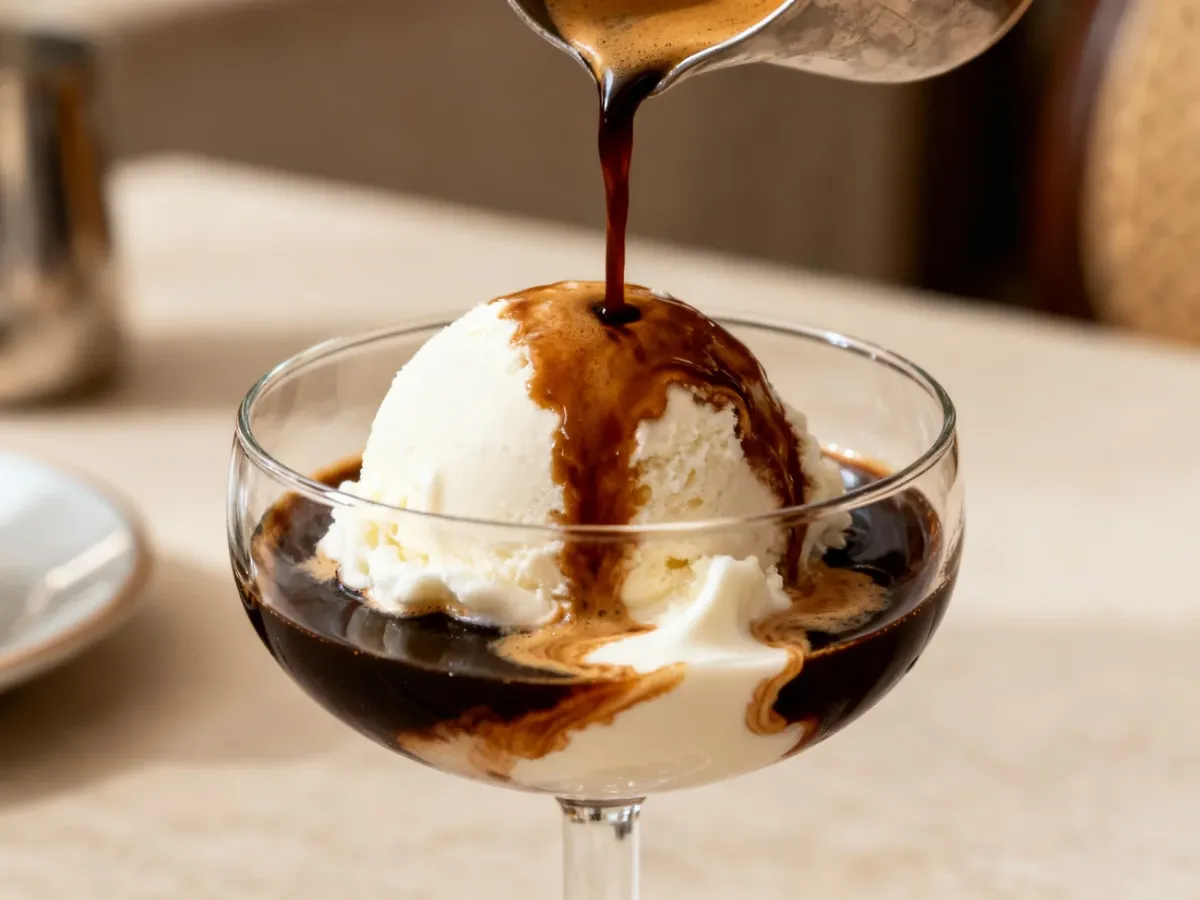 Klasyczne affogato z waniliowymi lodami zalanymi gorącym espresso