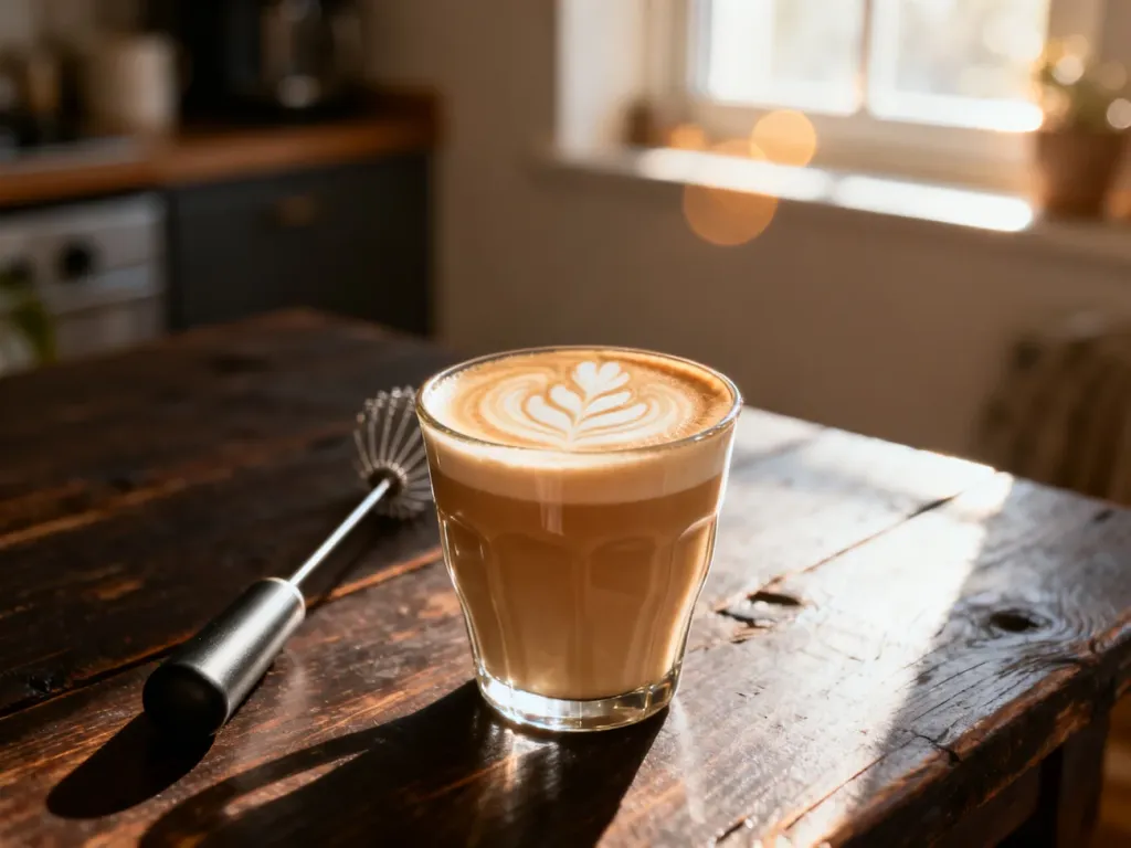 Filiżanka cappuccino z wzorem latte art i ręczny spieniacz do mleka na drewnianym stole w przytulnej kuchni.