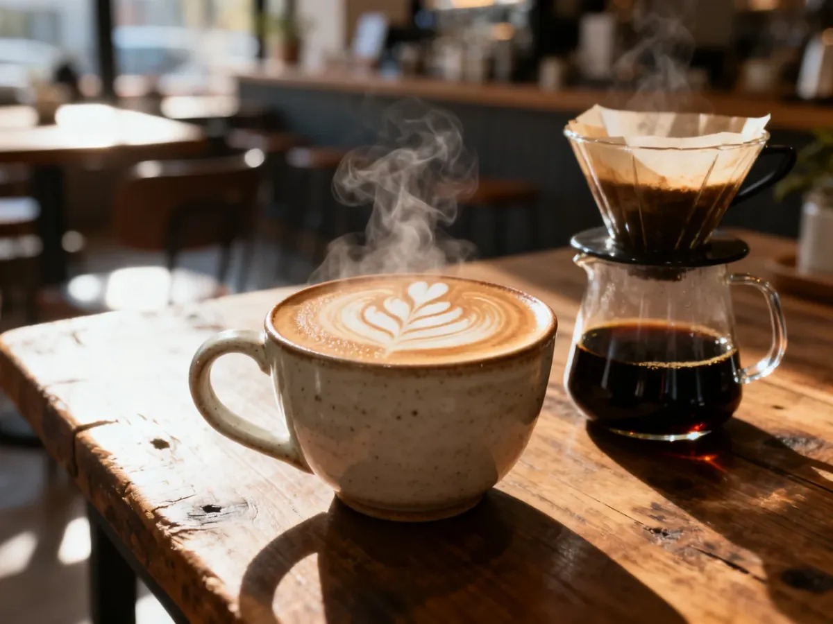 Filiżanka cappuccino z wzorem na piance obok szklanki czarnej kawy na drewnianym stole w przytulnej kawiarni.