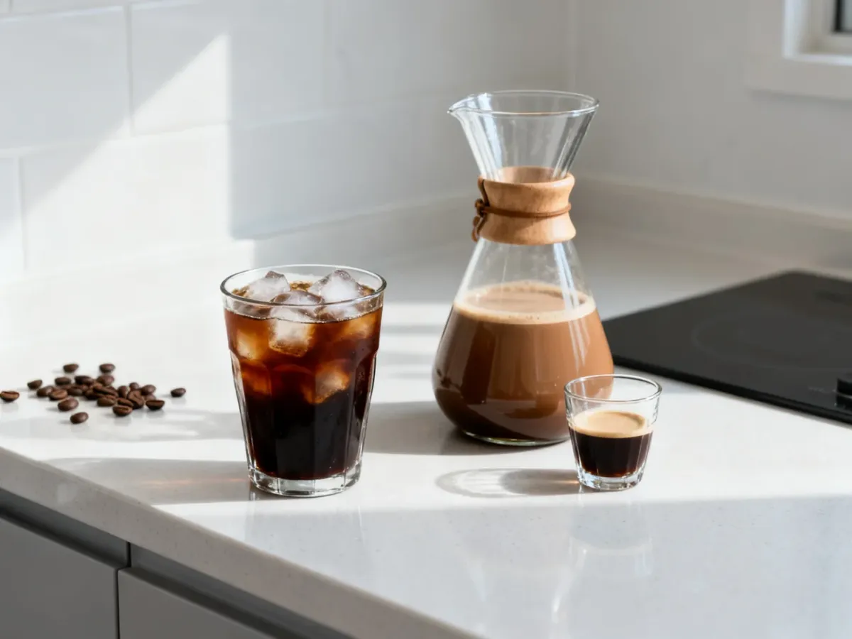 Porównanie iced coffee z lodem i gładkiego cold brew w szklanych naczyniach