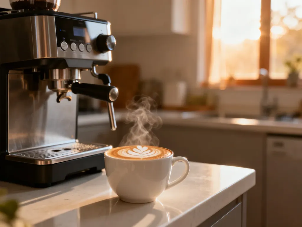 Nowoczesny ekspres automatyczny z filiżanką cappuccino z latte art w słonecznej kuchni.