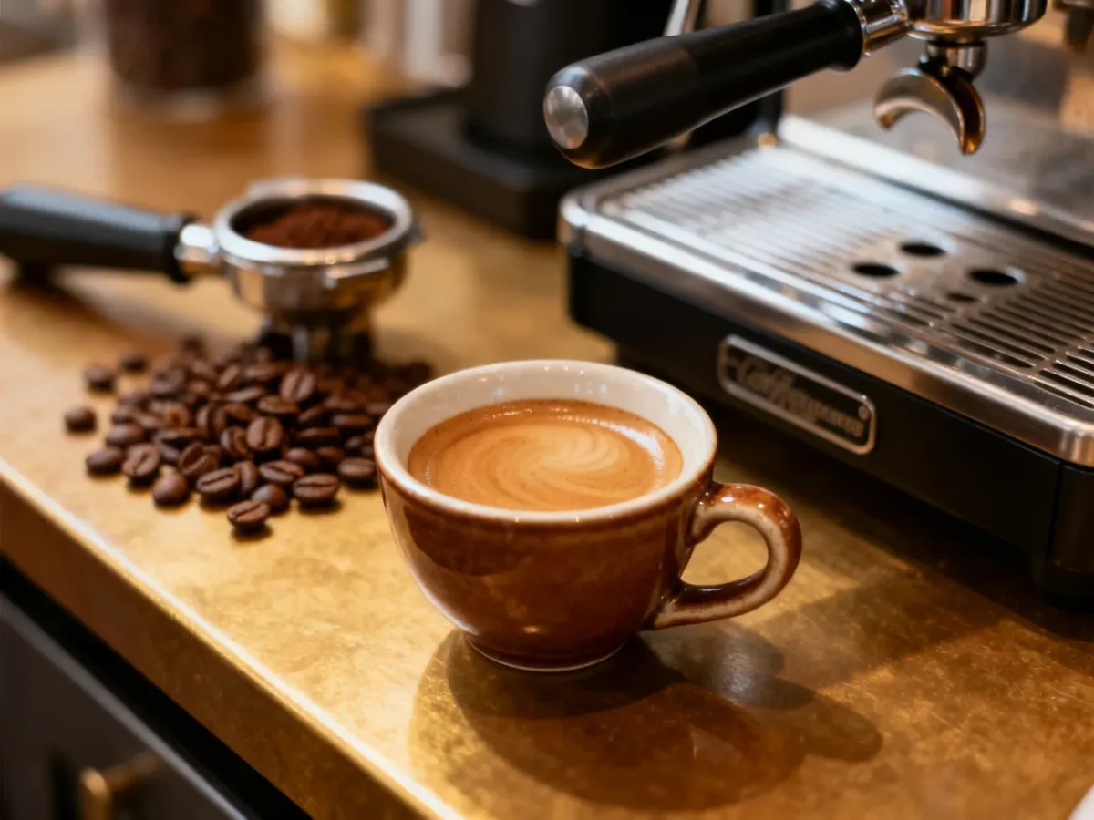 Filiżanka espresso z jasnobrązową cremą obok ziaren kawy i ekspresu