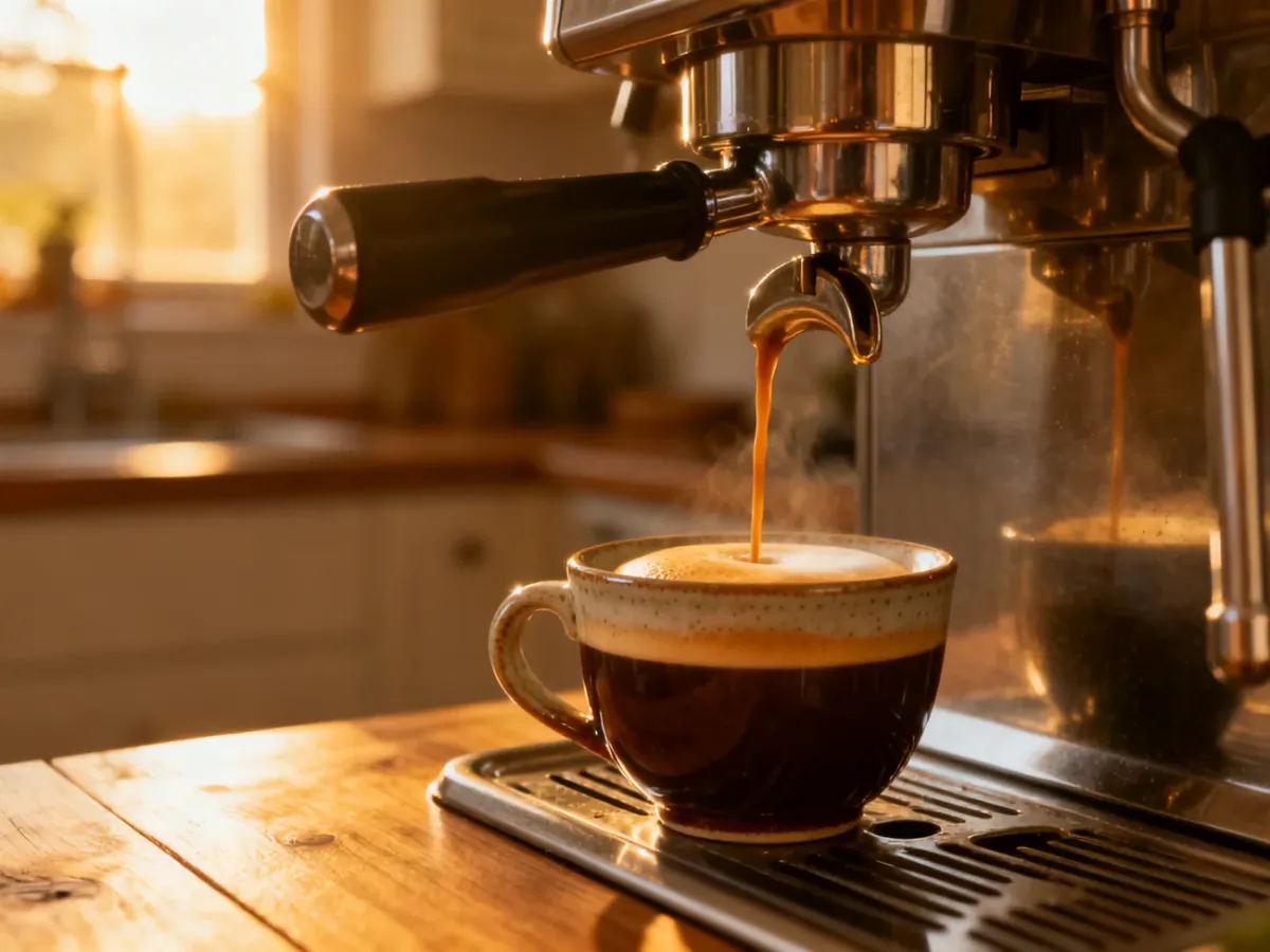 Automatyczny ekspres nalewający świeże espresso do ceramicznej filiżanki w słonecznej kuchni.