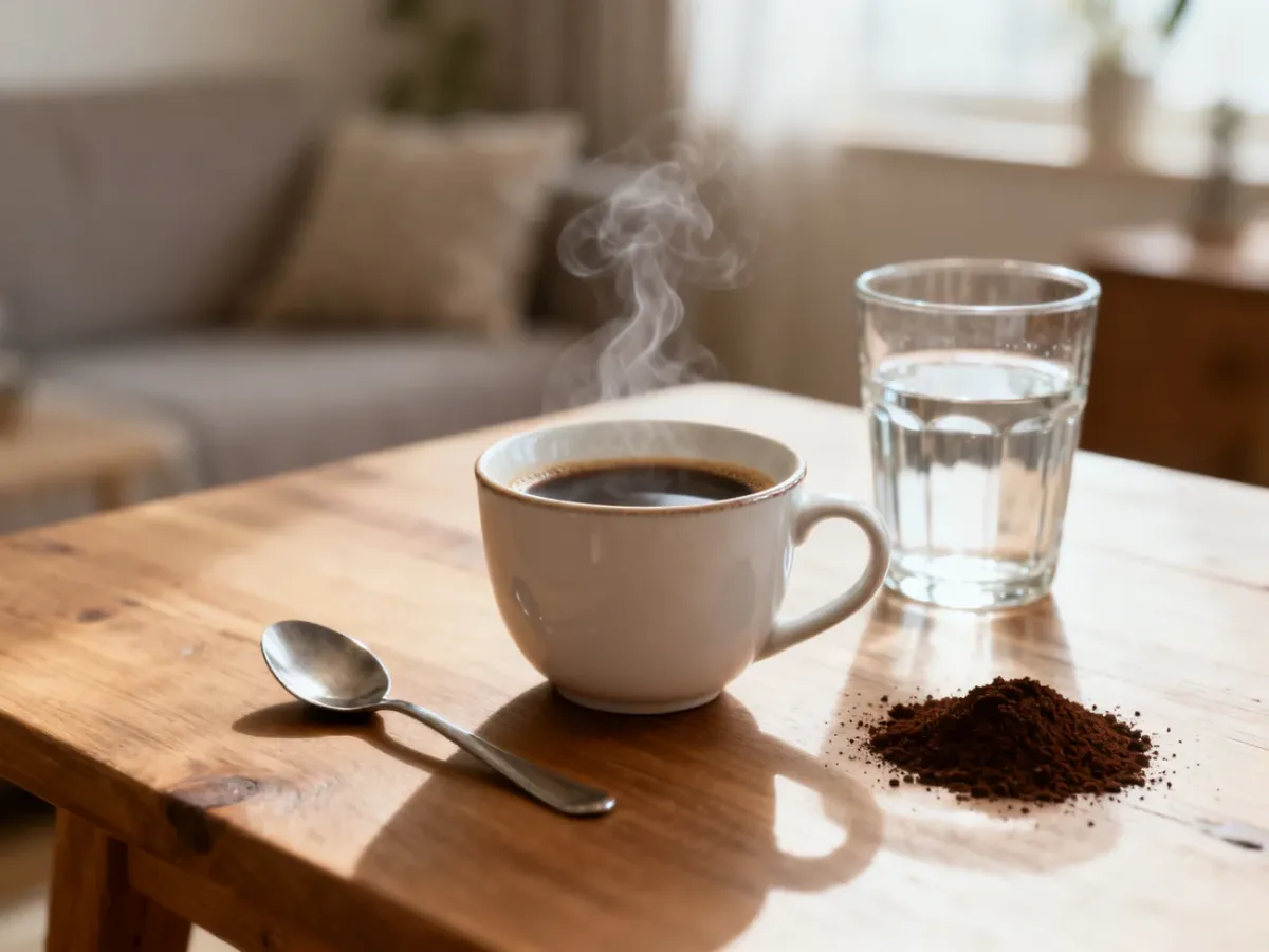 Domowa degustacja kawy z filiżanką naparu, łyżką i świeżo zmielonymi ziarnami