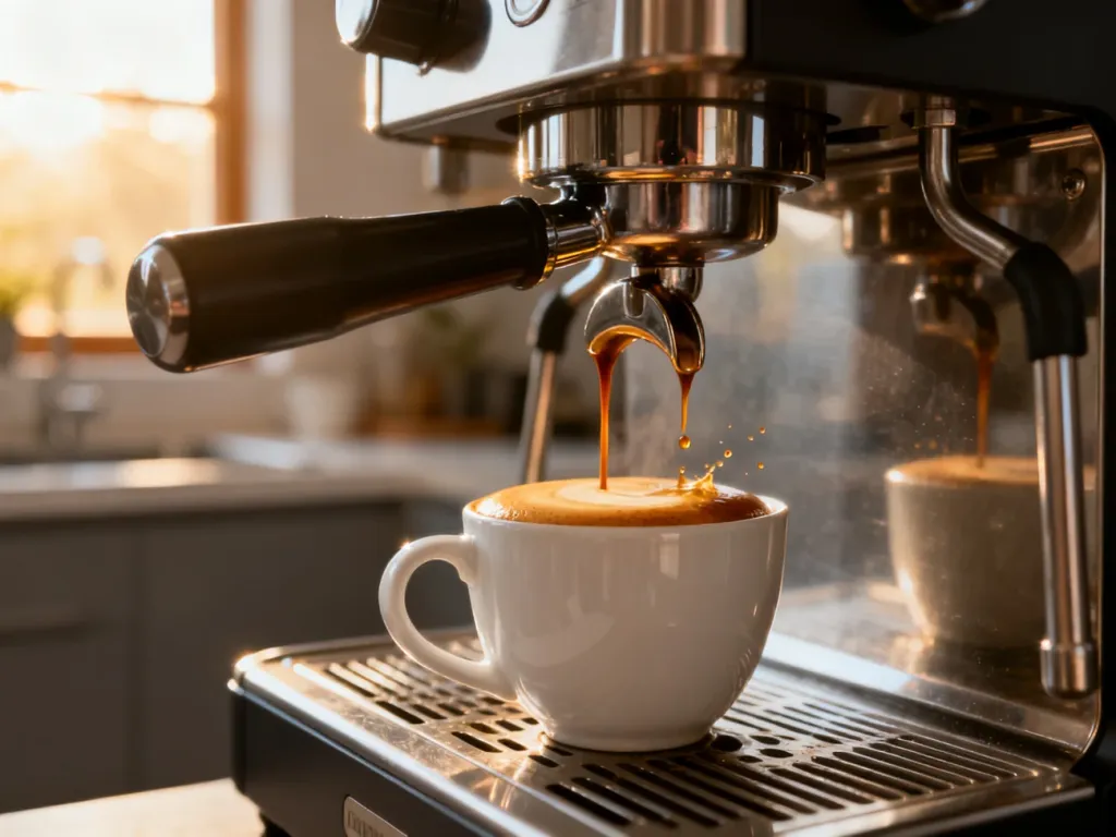 Strumień świeżo parzonego espresso z gęstą cremą wylewający się z ekspresu ciśnieniowego do białej filiżanki.