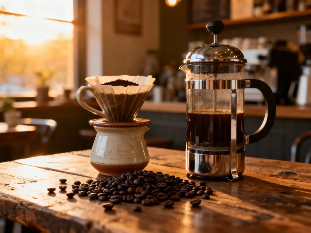 French press, dripper i świeżo zmielona kawa na drewnianym stole w przytulnej kawiarni.