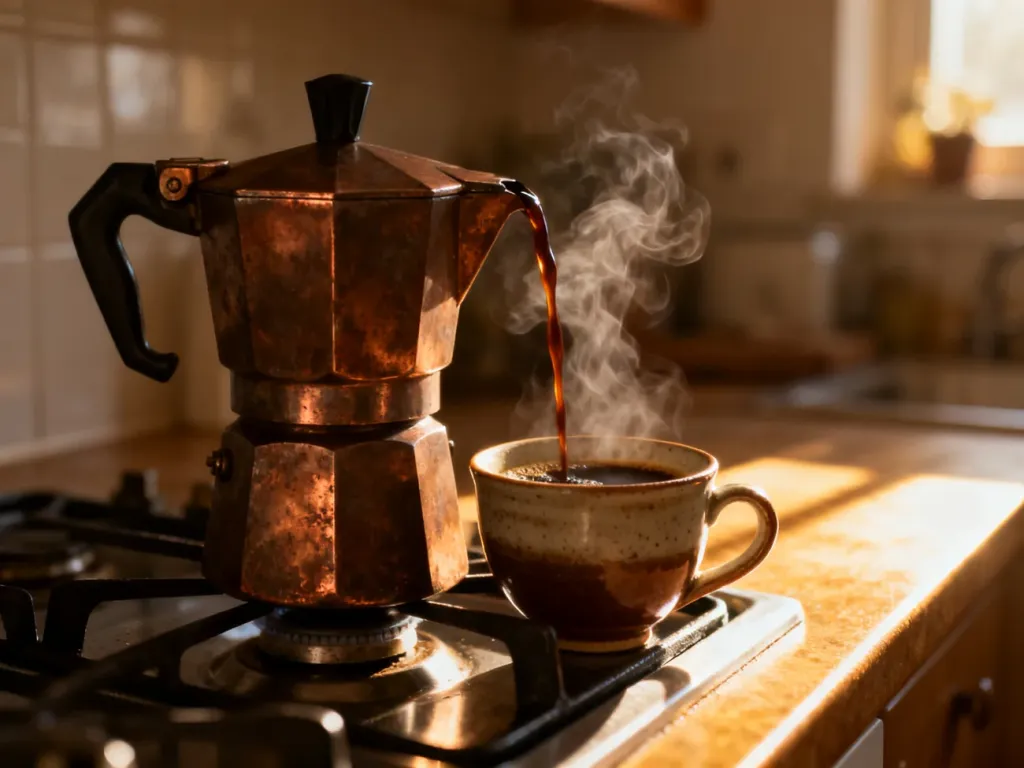Kawiarka na kuchence, z której nalewa się świeżą, gorącą kawę do ceramicznego kubka w przytulnej kuchni.