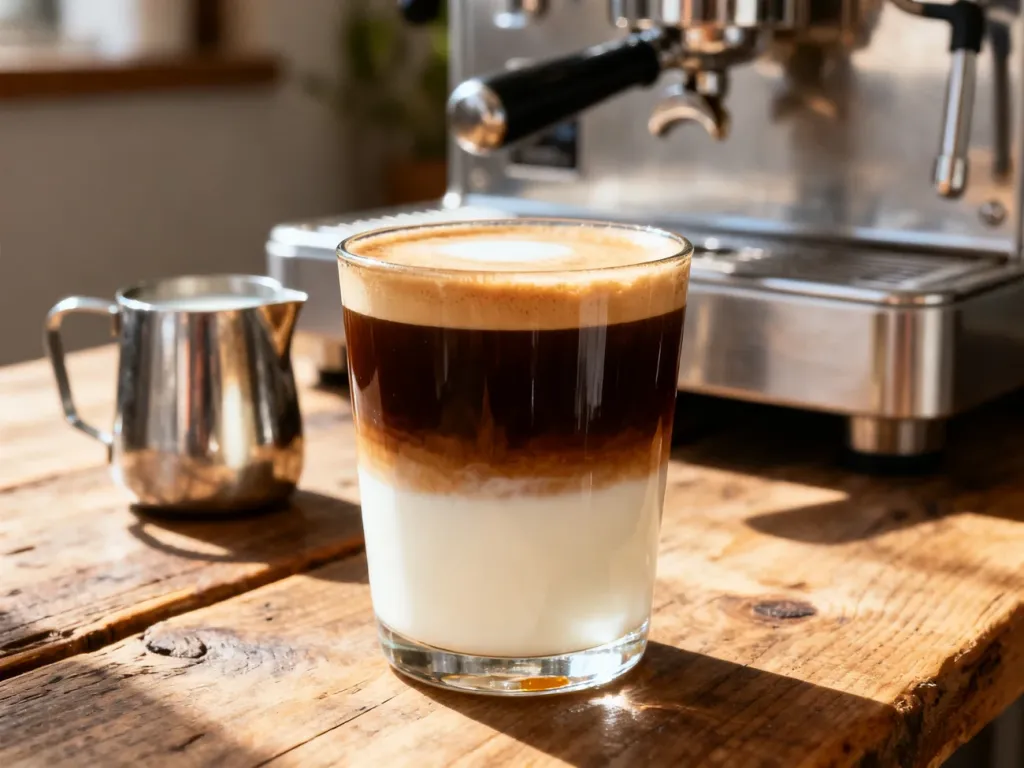 Warstwowe Spanish latte w szklance na drewnianym stole, z widocznym espresso, mlekiem i mlekiem skondensowanym.