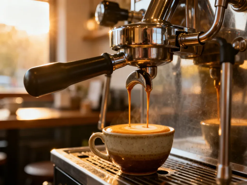 Profesjonalny ekspres kolbowy podczas parzenia espresso z gęstą cremą do ceramicznej filiżanki w kawiarni.