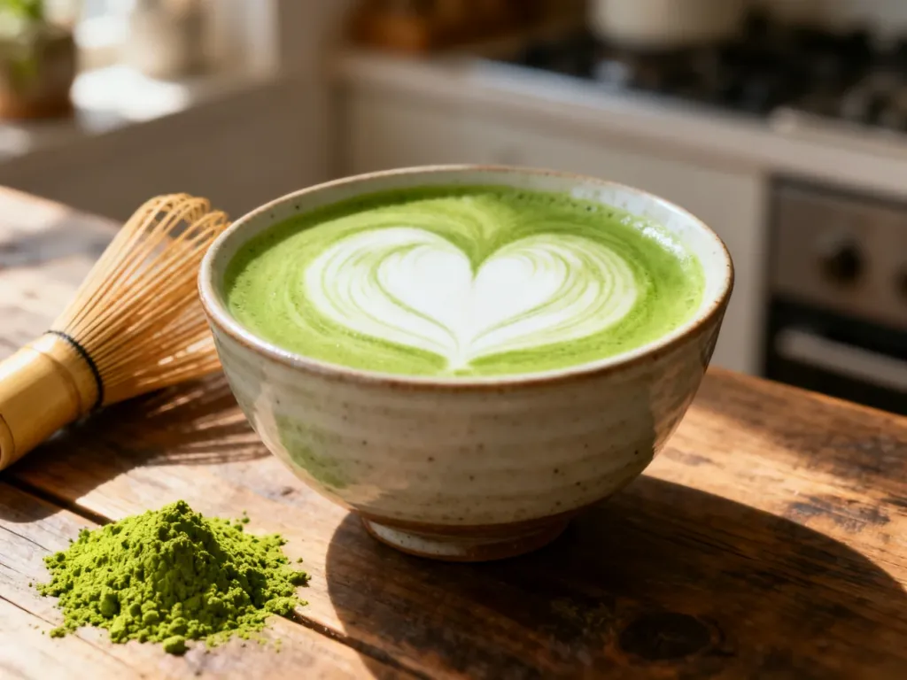 Ceramiczna miseczka z zieloną herbatą matcha latte ozdobioną wzorem serca, obok bambusowa trzepaczka i proszek matcha.
