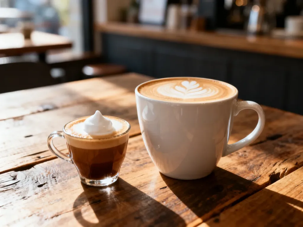 Porównanie macchiato z niewielką ilością pianki oraz cappuccino z latte art na drewnianym stole w kawiarni.