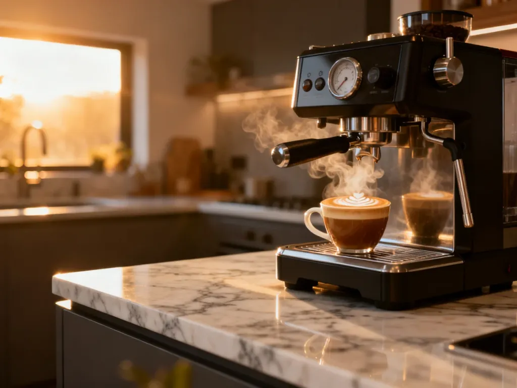 Profesjonalny ekspres kolbowy na marmurowym blacie z filiżanką świeżej kawy z latte art w słonecznej kuchni.