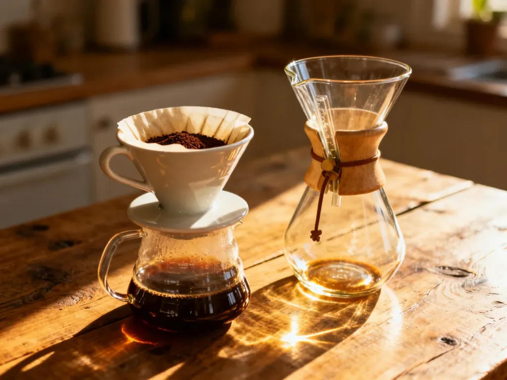 Ceramiczny dripper Hario V60 oraz szklany Chemex ustawione obok siebie na drewnianym stole w słonecznej kuchni.