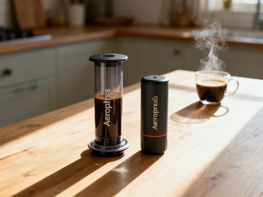 Dwa ekspresy Aeropress i Aeropress Go ustawione obok siebie na drewnianym stole w przytulnej kuchni.