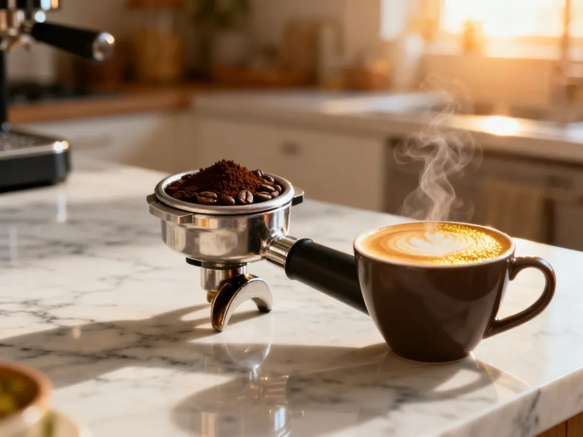 Nowoczesny ekspres do kawy na marmurowym blacie z filiżanką świeżego espresso w porannym świetle.