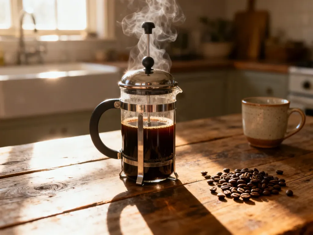 Szklany zaparzacz typu French press z parującą kawą na drewnianym stole w promieniach porannego słońca.