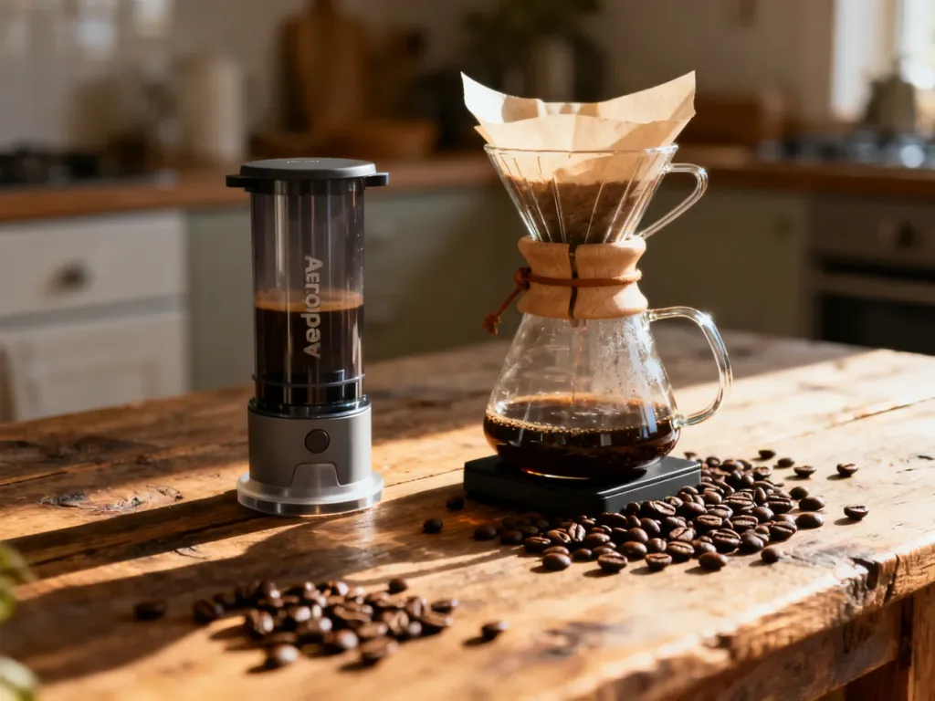 Porównanie Aeropressu i klasycznego dripu na drewnianym stole w otoczeniu ziaren kawy w ciepłym, porannym świetle.
