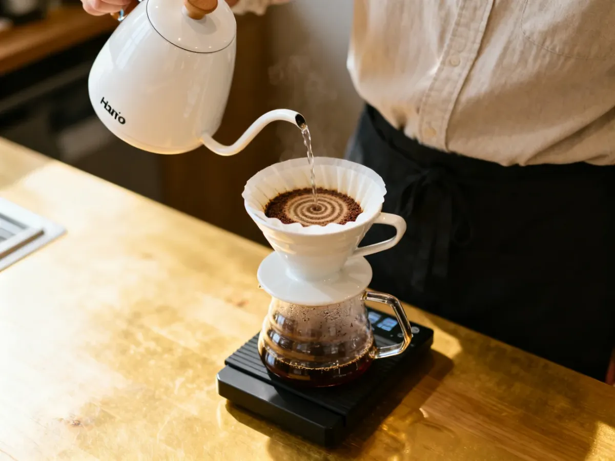 Parzenie kawy w dripperze Hario V60 przy użyciu czajnika z gęsią szyjką