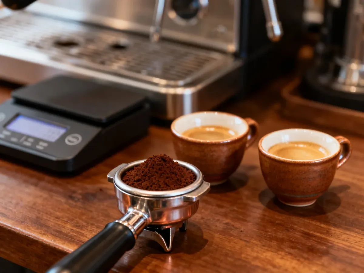 Portafilter with ground coffee, espresso cups, and a coffee scale beside an espresso machine