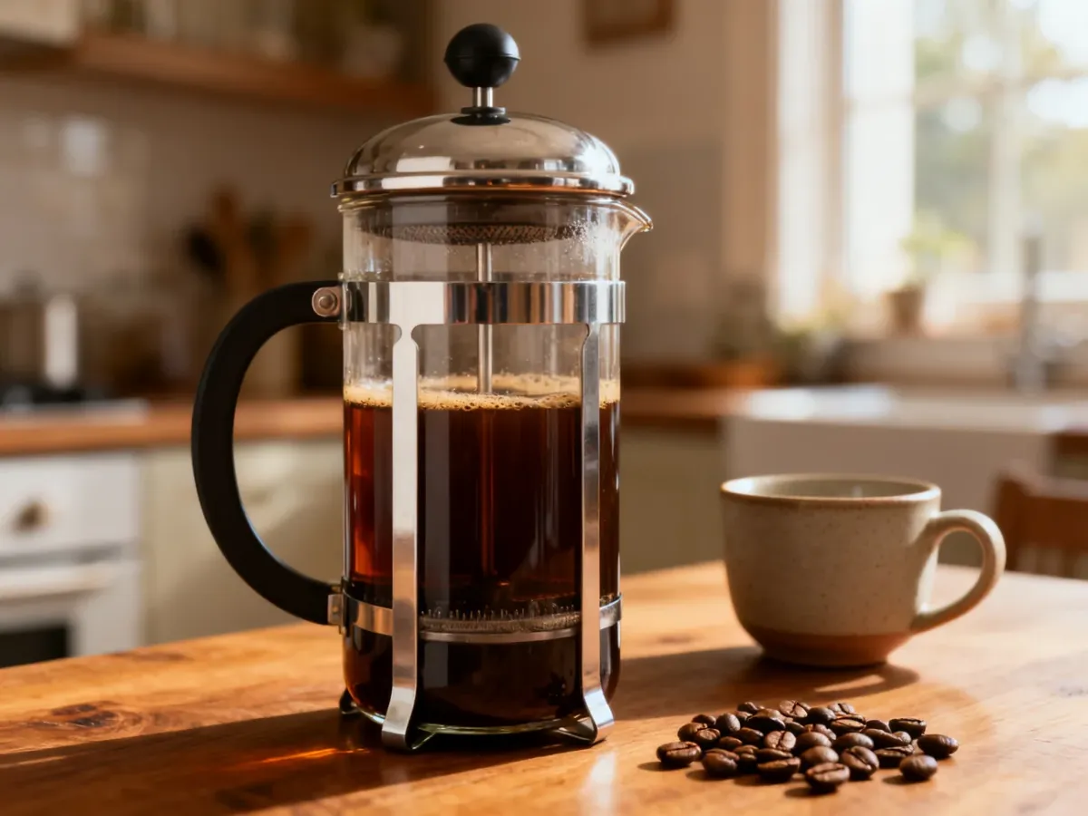 Szklany French press z przygotowaną kawą na drewnianym stole
