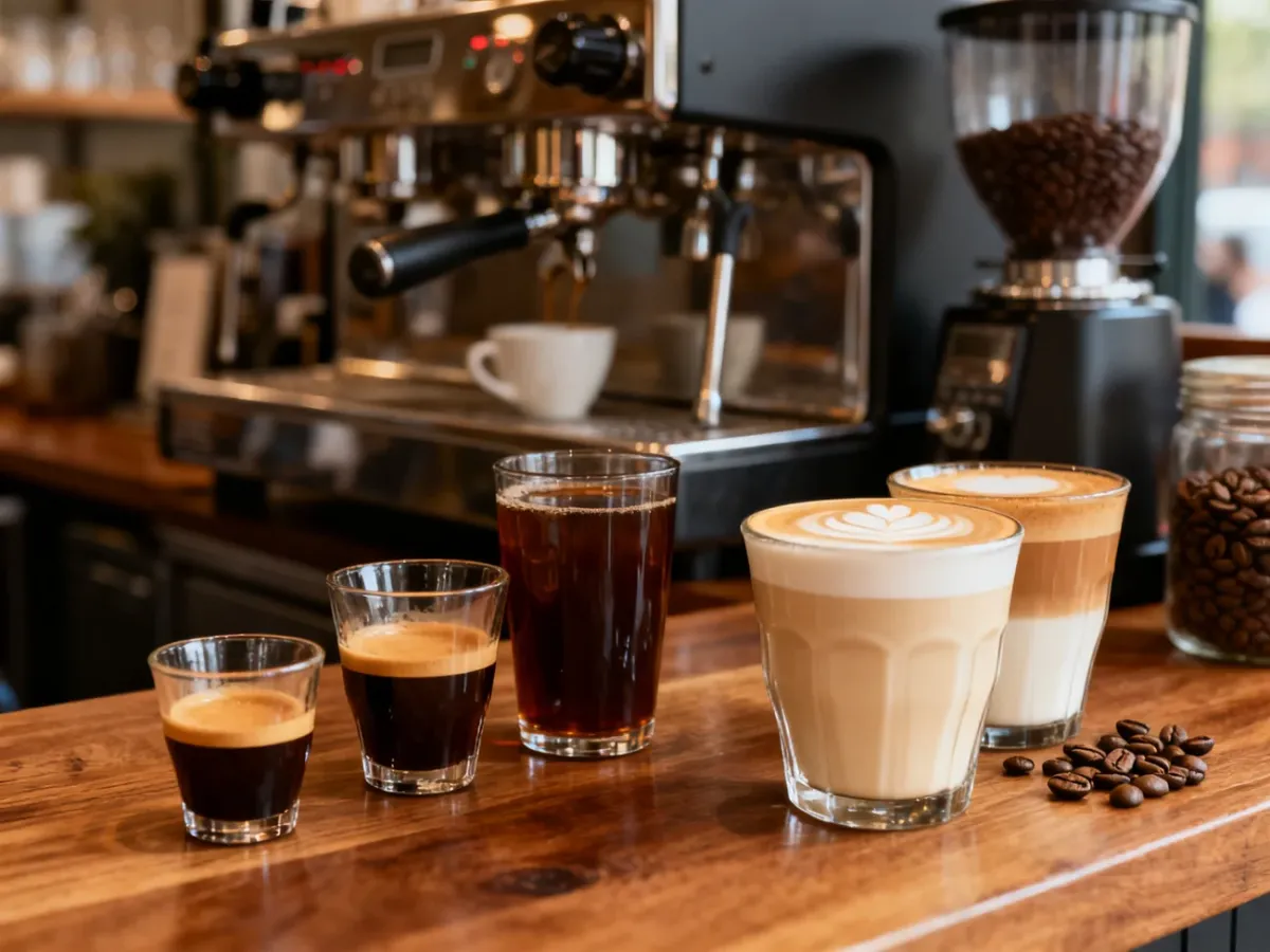Różne rodzaje kaw na bazie espresso ustawione na stole w kawiarni