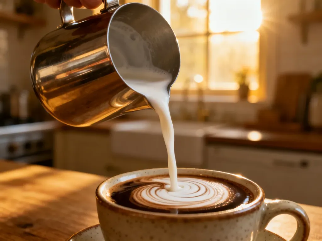 Metalowy dzbanek wlewa aksamitną piankę mleczną do filiżanki espresso, tworząc na powierzchni kawy delikatny wzór.