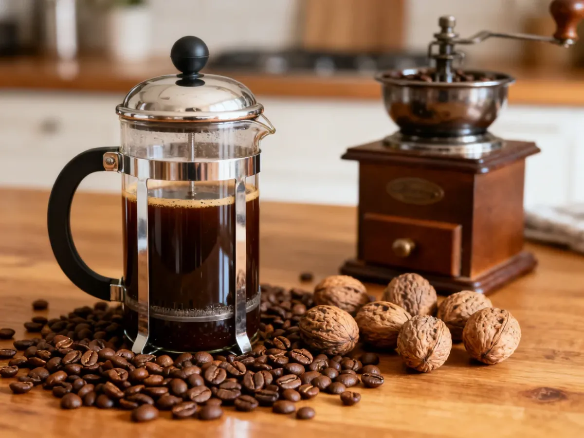 French press z aromatyczną kawą, ziarnami i młynkiem żarnowym