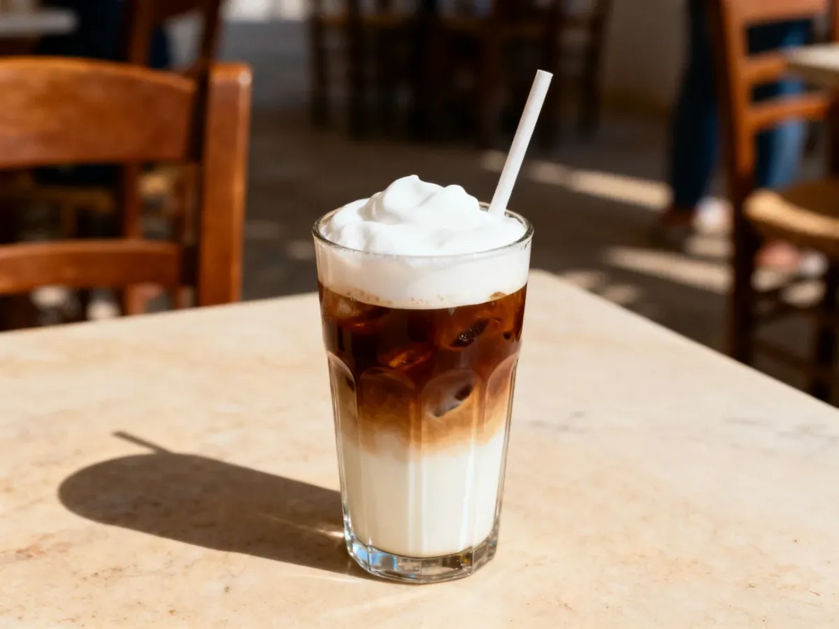 Freddo Cappuccino w przezroczystej szklance z lodem, mlekiem i gęstą pianką