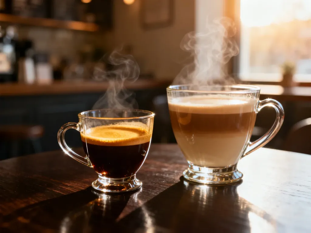 Dwie szklanki z kawą na drewnianym stole: po lewej gęste espresso z cremą, po prawej większe lungo w przytulnej kawiarni.