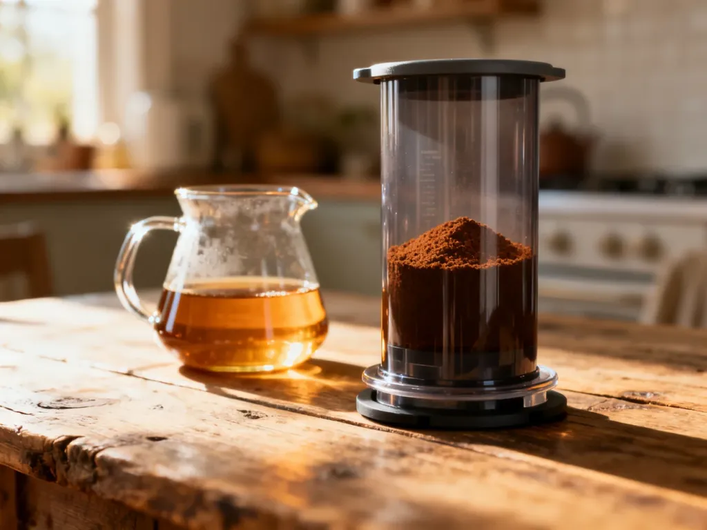 Aeropress z jasnopalonymi ziarnami kawy oraz szklany dzbanek z gotowym naparem w przytulnej, słonecznej kuchni.