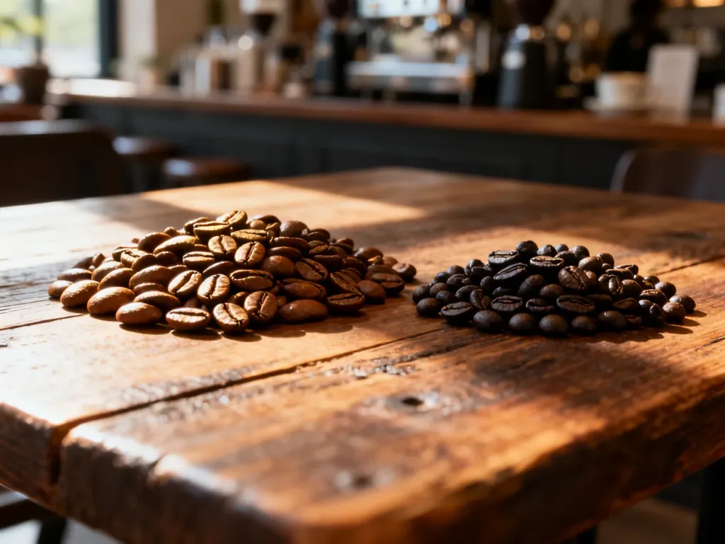 Porównanie ziaren kawy Arabica i Robusta leżących obok siebie na drewnianym stole.