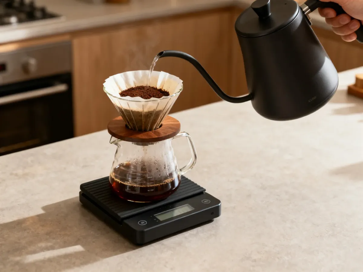 Waga baristyczna pod dripperem podczas precyzyjnego parzenia kawy