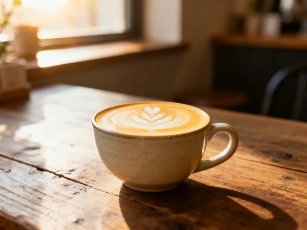 Kremowe blonde cappuccino z delikatnym wzorem latte art w ceramicznej filiżance na drewnianym stole.