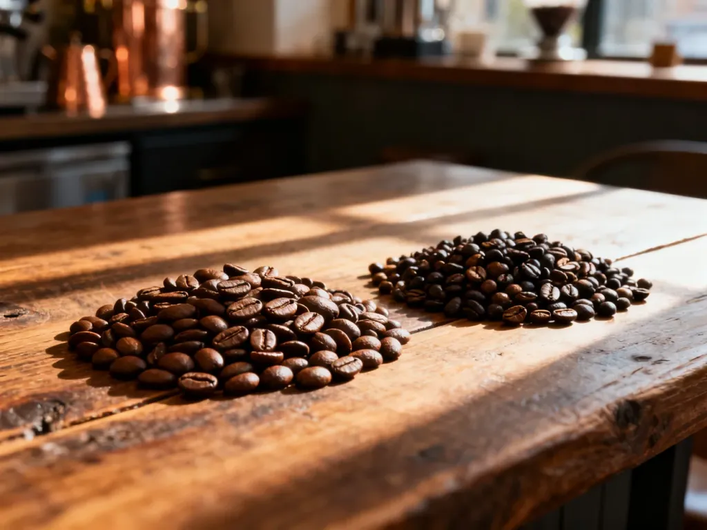 Porównanie ziaren kawy Arabica i Robusta leżących na drewnianym stole, ukazujące różnice w ich kształcie i kolorze.