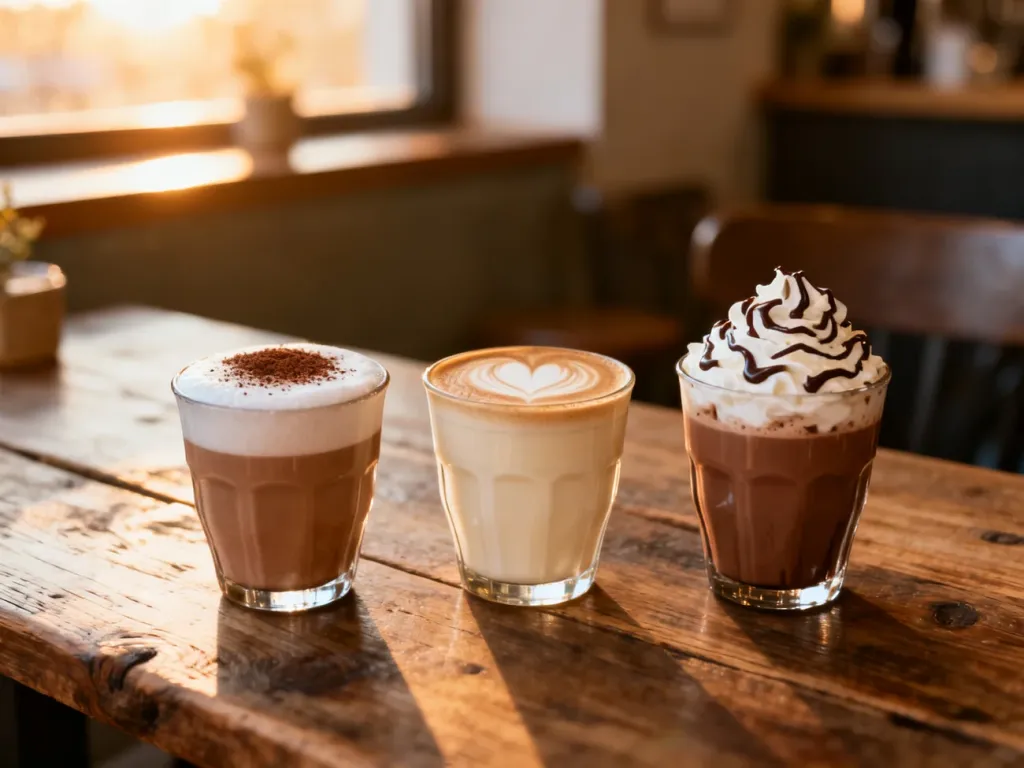 Trzy rodzaje kaw: cappuccino z kakao, latte z wzorem serca oraz mocha z bitą śmietaną, ustawione na drewnianym stole.