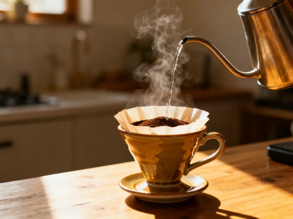 Ceramiczny dripper z mieloną kawą, na który strumień gorącej wody nalewany jest z czajnika z długą wylewką.