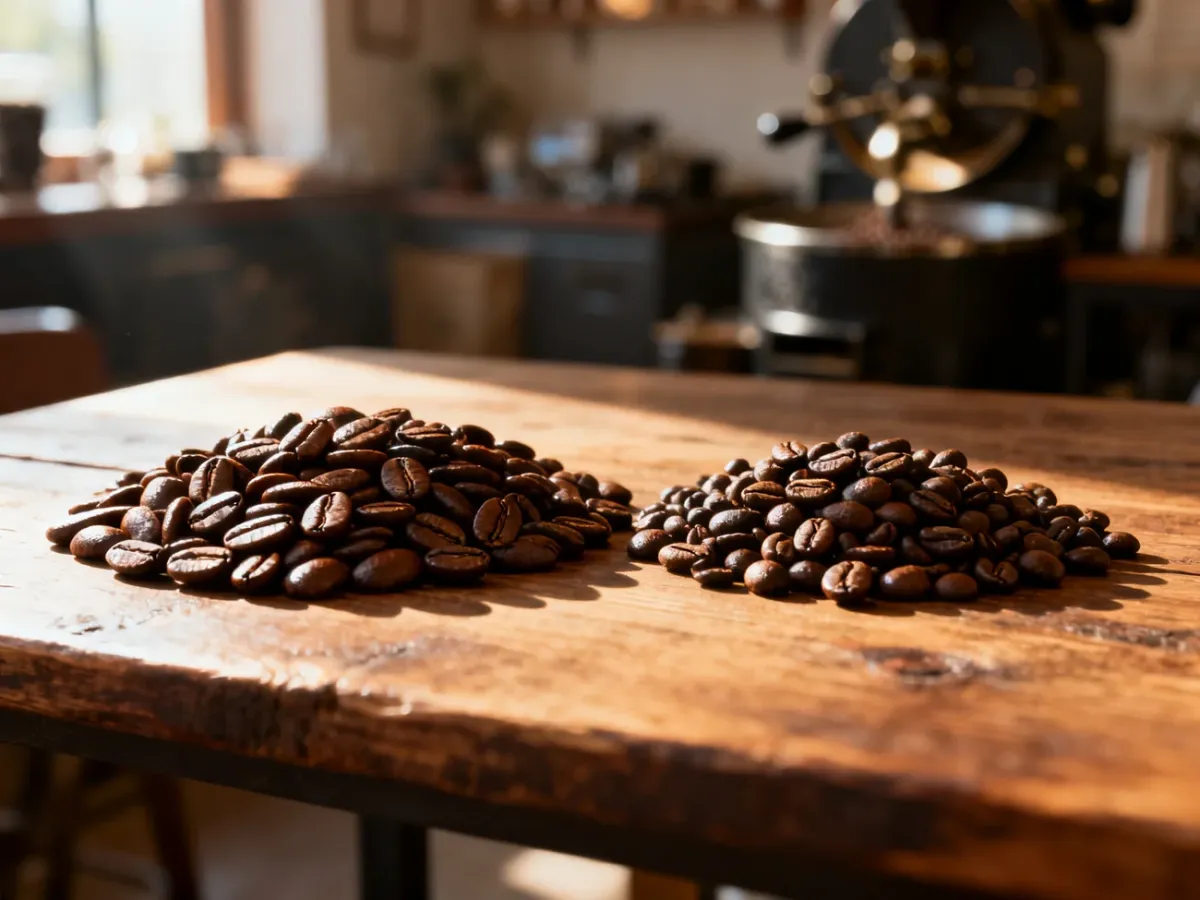 Porównanie ziaren kawy Arabica i Robusta leżących obok siebie na drewnianym stole w promieniach porannego słońca.