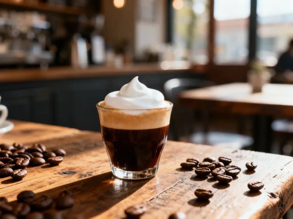 Espresso macchiato w szklance z delikatną warstwą mlecznej pianki na tle rozsypanych ziaren kawy.