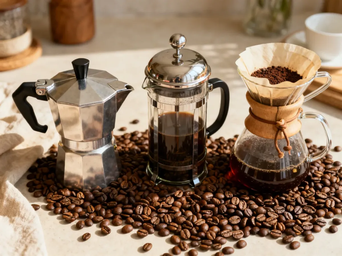 Kawiarka, French Press i dripper przedstawione obok siebie