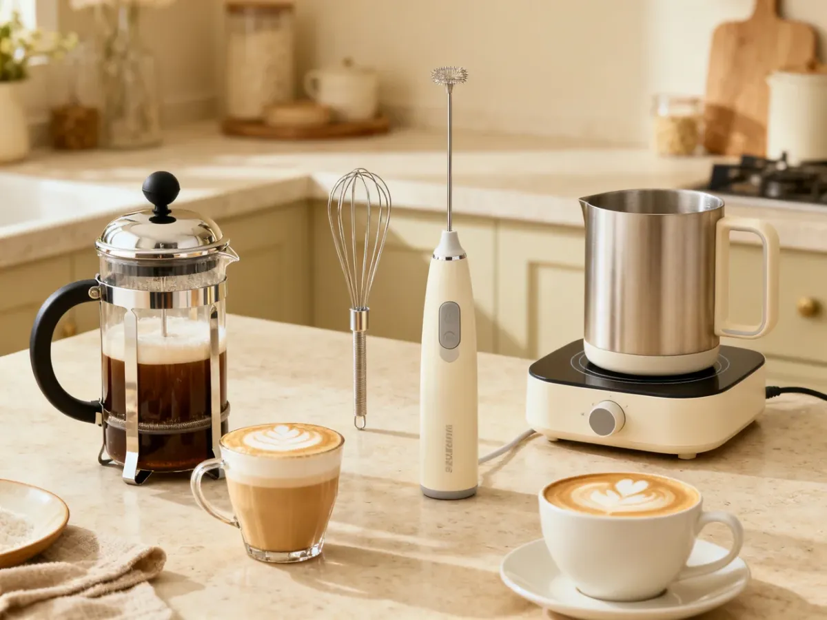 Różne typy spieniaczy do mleka obok filiżanek cappuccino i latte