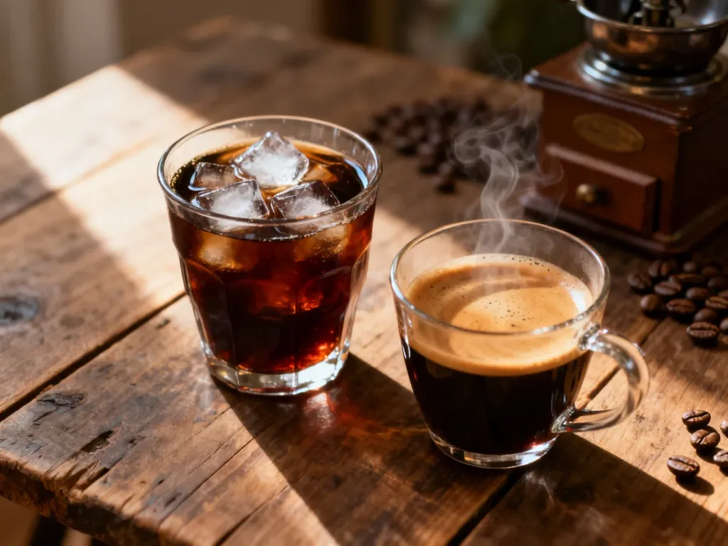 Dwie szklanki z kawą: zimny cold brew z lodem oraz gorąca kawa z cremą, ustawione na drewnianym stole.