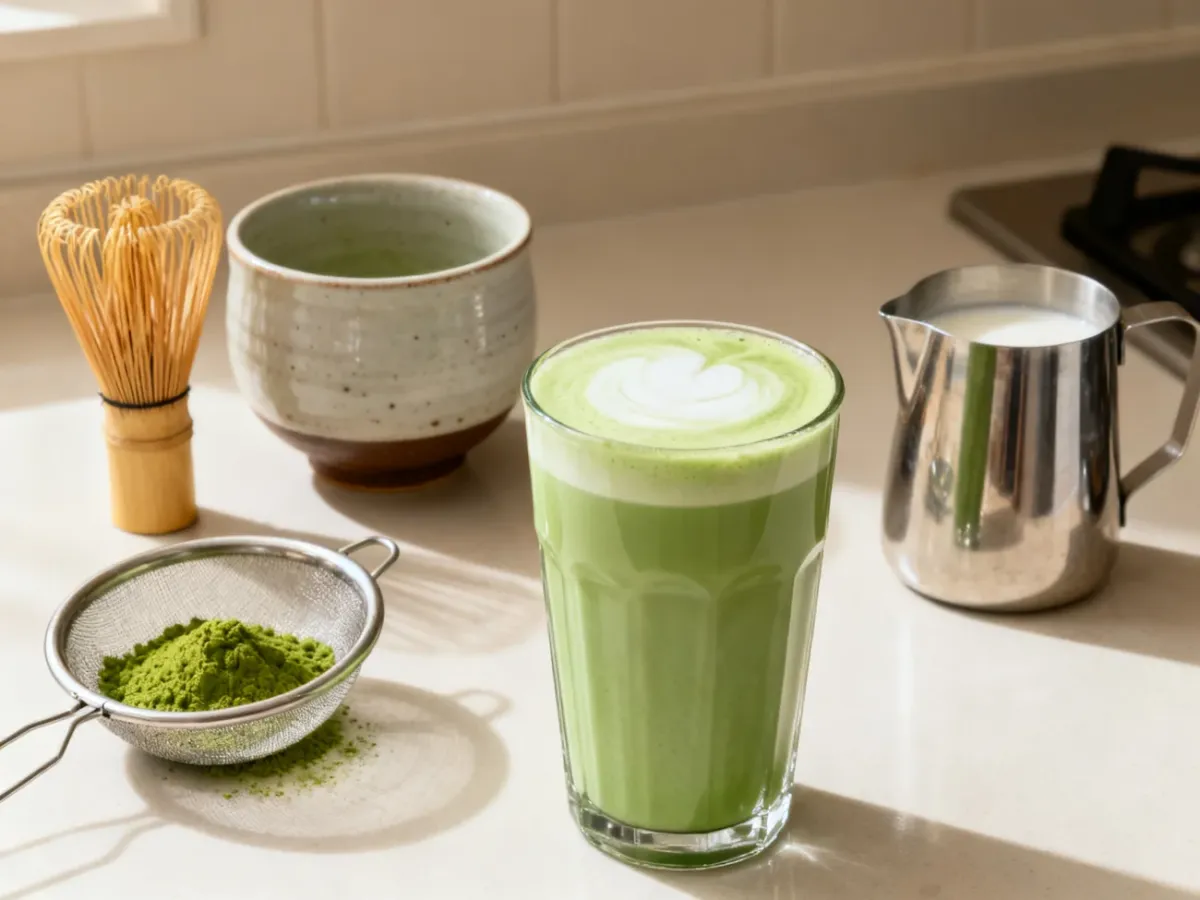 Akcesoria i składniki do przygotowania matcha latte