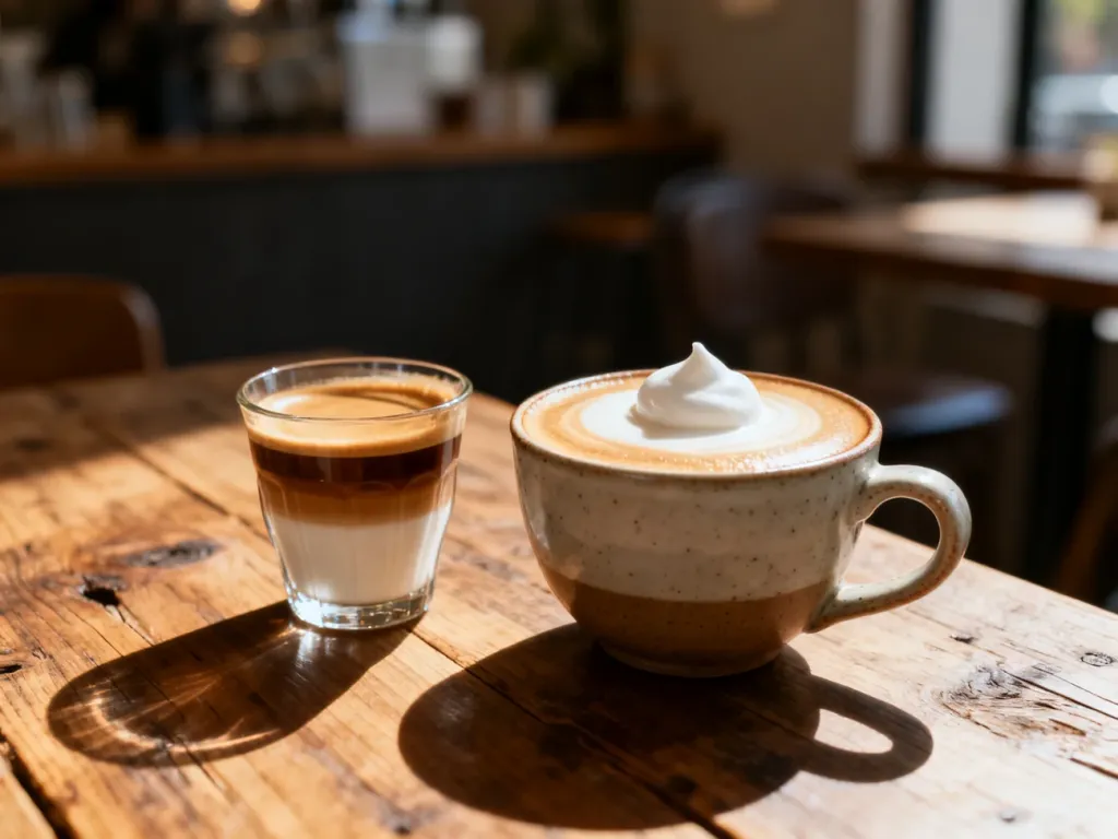 Porównanie cortado w szklance i macchiato w ceramicznej filiżance, ustawionych obok siebie na drewnianym stole.